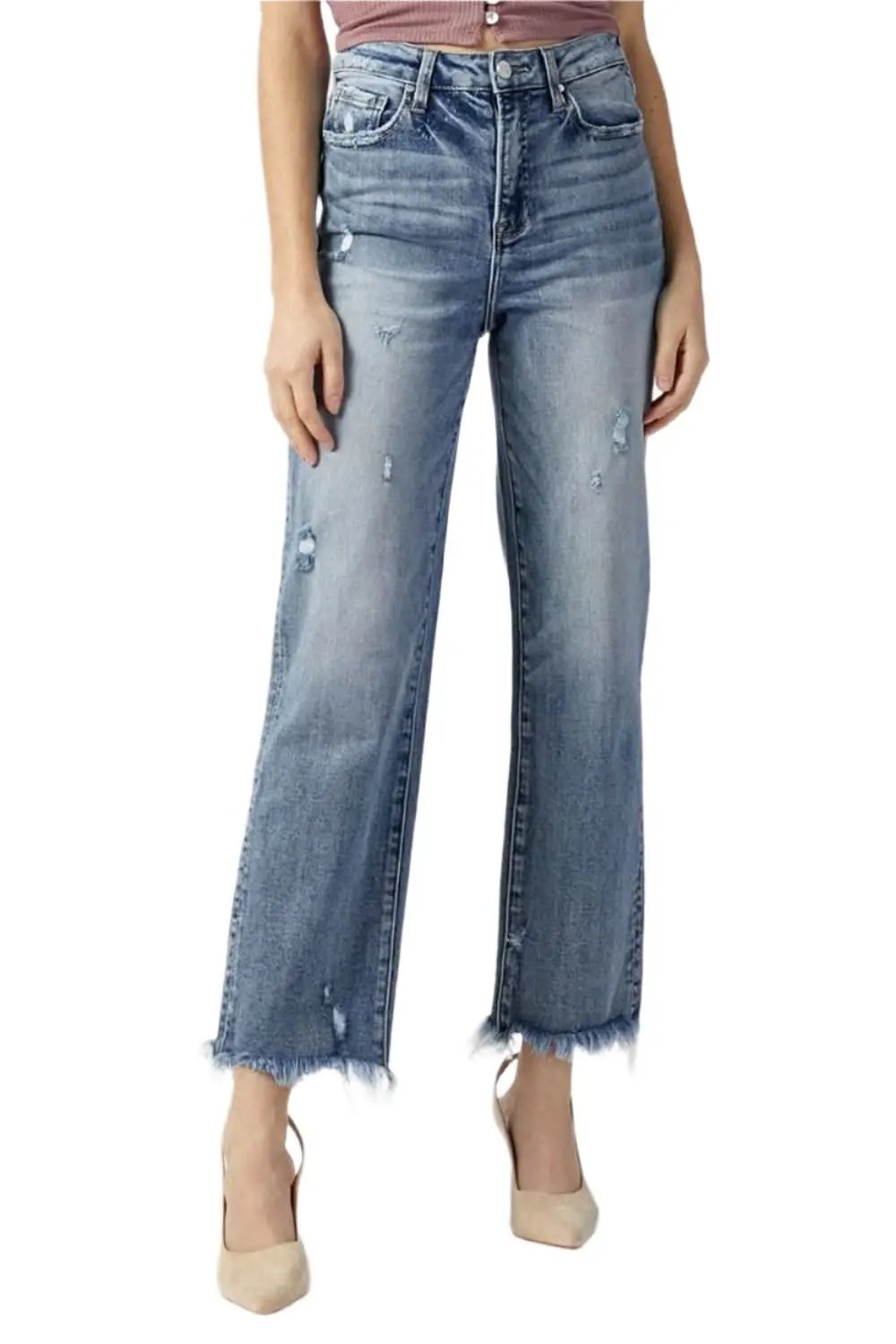 RISEN High Waist Raw Hem Straight Jeans - Love Salve